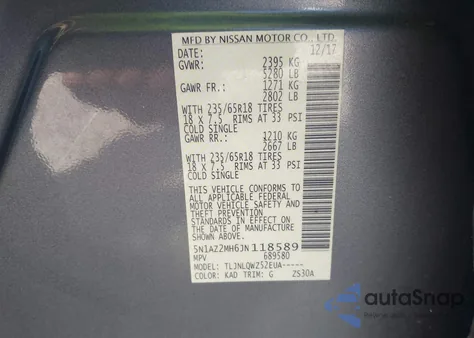 2018 Nissan Murano Sv z USA, uszkodzony, nr VIN 5N1AZ2MH6JN118589